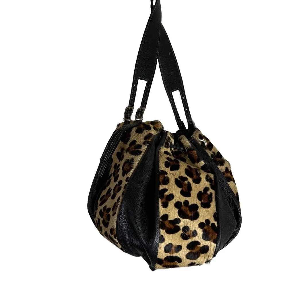Divina Firenze Calf Hair Leopard Print Pouch Drawstring Bucket Bag Italy